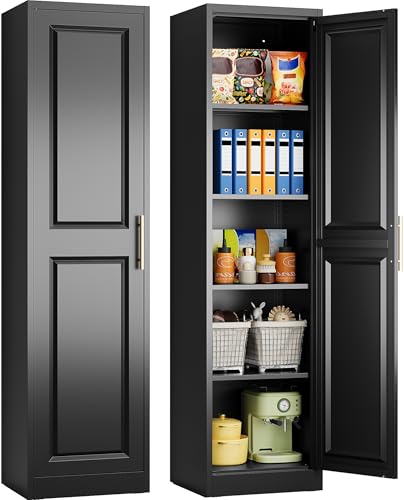 SISESOL 71" Tall Narrow Storage Cabinet with 1 Door and 5 Shelves,Slim Kitchen Pantry Cabinet,Black Metal Bathroom Cabinets,Large Cupboard for Home,Kitchen,Laundry,Bathroom - color: Black, size: 16.5"W