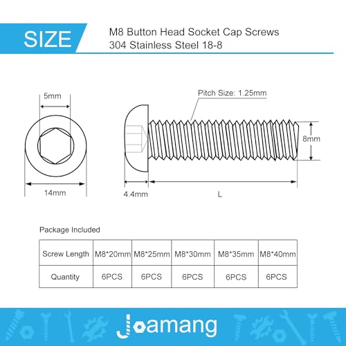 M8 x 20mm 25mm 30mm 35mm 40mm Button Head Socket Cap Screws Bolts, Stainless Steel 304, Metric Allen Hex Drive, Bright Finish, Fully Threaded, Assortment Kit 30PCS - size: Button M8x20-40 mm