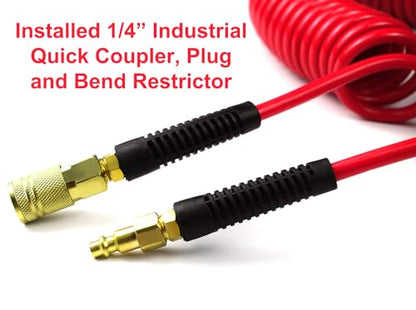 YOTOO Polyurethane Recoil Air Hose 3/8" Inner Diameter by 25' Long with Bend Restrictor, Repairable 1/4" Industrial Quick Coupler and Plug, Red - size: 25 FT