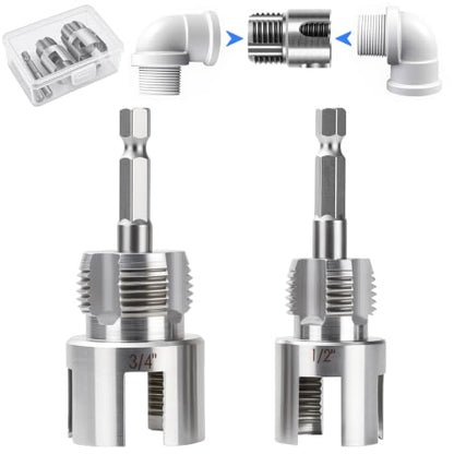 Valkynos 2PCS Internal & External Pipe Threading Tool, 1/2'' 3/4'' PVC Pipe Threader Kit with Storage Case, Heavy-Duty Alloy Steel, Electric Drill Compatible for Plumbing and Home Repair - size: 1/2"+3/4"