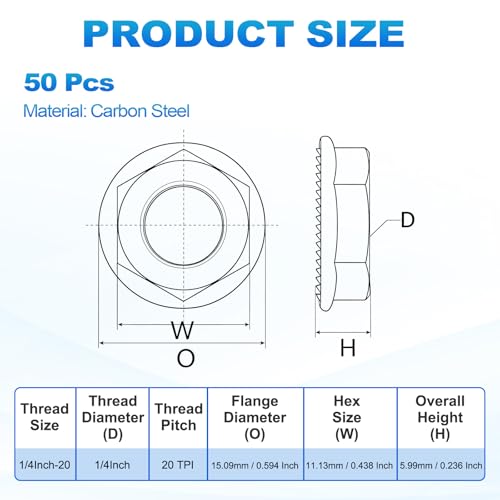50Pcs Serrated Flange Hex Nuts-1/4-20-UNC Carbon Steel Zinc Plated - color: Blue White, size: 1/4"-20