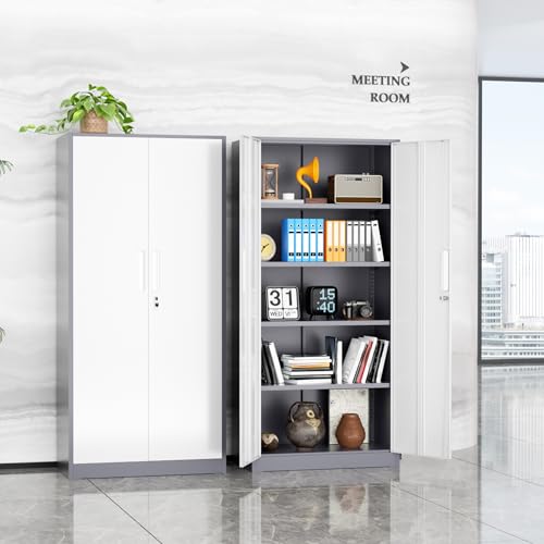 SUNCROWN Metal Storage Cabinets with Lock, Tool Cabinet, 72" Locking Steel Storage, Tall Locker Organizer Garage Cabinets with 2 Doors and 4 Shelves for Home,Office,Warehouse,Garage,School(Grey White) - color: Grey & White, size: 72"H x 32"W x 16"D