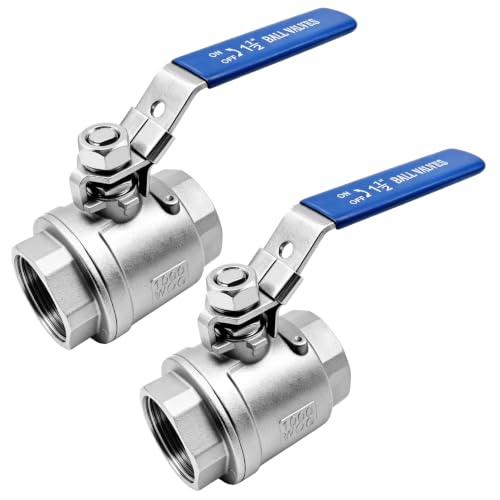 2 Pack 1-1/2" Ball Valve 304 Stainless Steel Full Port Shut Off Valve, Female NPT Thread, Locking Handle, 1000 WOG for Water, Oil, Gas & Industrial Plumbing and Fluid Control - size: 1-1/2inch