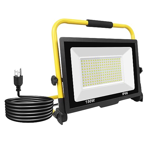 SKYWORLD 75W LED Flood Work Light - 500W Equivalent, 6000K Daylight, IP66 Waterproof, 10FT Cord with Plug - Adjustable Portable Lighting for Workshop/Garage/Jobsite/Outdoor - size: 150W