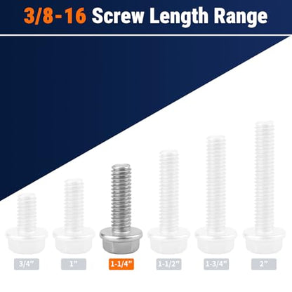 3/8-16 x 1-1/4" Flange Hex Bolts, 304 Stainless Steel 18-8, A2-70 Grade, Non-Serrated Flange Bolts for Automotive Repair, Fully Threaded, 10 Pcs - size: 3/8-16 x 1-1/4