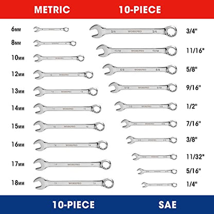 WORKPRO 20-Piece Combination Wrench Set, Metric 6-18mm & SAE 1/4"-3/4"
