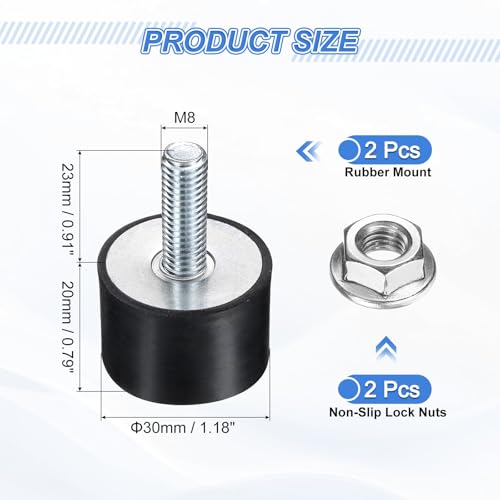 uxcell 2Pcs M8 Thread Rubber Mounts, Vibration Isolators, Cylindrical Shock Absorber with Studs 30 x 20mm with Non-Slip Nuts - size: M8 x 30 x 20mm