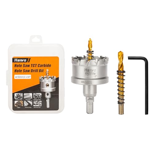 Hole Saw 2-1/16" (52mm) Heavy Duty Carbide with 2 Pilot Drill Bits - Metal Hole Cutter Cuts Stainless Steel, Iron, Copper, Brass, Plastic - size: 52mm|2-1/16"