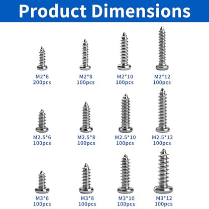 1300 Pcs Silver Wood Screws Kit - M2 M2.5 M3 Pan Head Self-Tapping - color: silver