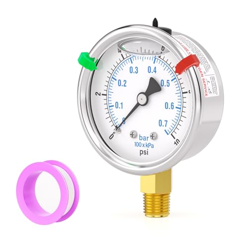 0-10PSI Stainless Steel Liquid Filled Pressure Gauge, 2.5" Dial Size, 1/4" NPT Lower Mount, for Tube, Water Pump, Gas, Liquid, Pressure Test (with Range Mark Pointer) - size: 0-10 psi