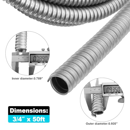 3/4 inch x50ft Flexible Electrical Conduit - Galvanized Steel Greenfield Flex Metal Conduit for Exposed Wiring, AC Connections & Industrial Cable Protection - size: 3/4 inch x50ft