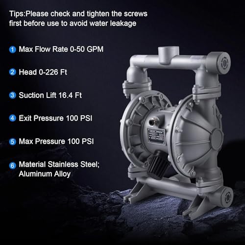 Double Diaphragm Pump Air Operated 1-1/2 inch Inlet/Outlet Pneumatic Waste Oil Transfer Pump for Chemical QBK-40 50 GPM Dual Diaphram Polypropylene Nitrile Rubber by Stainless Steel Iron 100 PSI - style: 1.5 INCH PORT