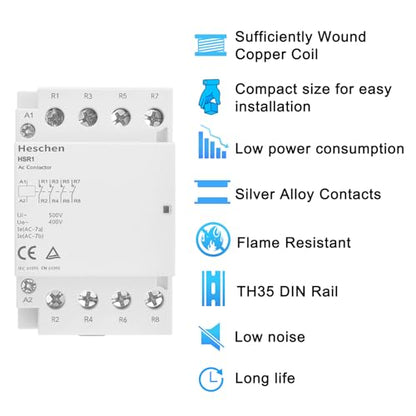 Heschen Household AC Contactor HSR1-63 4 Pole Four Normally Closed 220V/240V Coil Voltage 35mm DIN Rail Mount