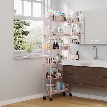 6 Tier Slim Rolling Storage Cart with Wheels, Metal Mobile Shelving Unit Organizer Utility Cart for Office Bathroom Kitchen Laundry Room Narrow Places (Pink 6 Inches) - size: Pink 6 Inches