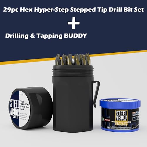 Steel Vision 29pc Hex Hyper-Step Stepped Tip Drill Bit Set - 1/16" to 1/2" Tungsten-Cobalt Alloy Drill Bit, No Pilot Hole Needed, Durable and Precise for Metal Drilling - style: 29pc Hex Stepped Drill