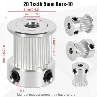 6 Pack GT2 Timing Belt Pulley 20 Teeth,5mm bore,synchronous Pulley (6, 20T-B5-10) - size: 20T-B5-10