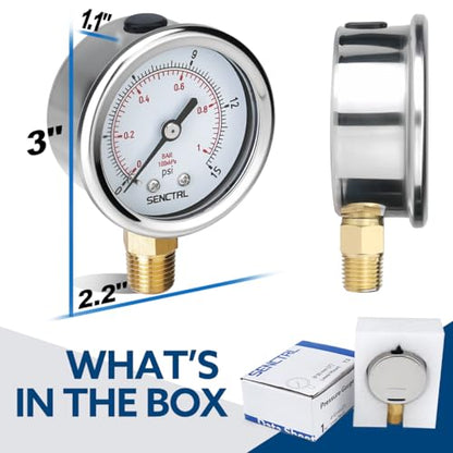 SENCTRL 0-15 Psi Low Pressure Gauge, 1/4 NPT Lower Mount - size: 0-15Psi, style: Lower Mount
