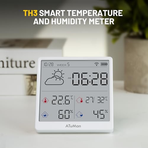 ATuMan TH3 Smart Thermometer Hygrometer - WiFi Enabled Indoor/Outdoor Temperature Humidity Monitor, 4.3'' Large LCD, Auto-Time Calibration, Type-C, High Precision Sensor for Home, Office, Greenhouse - style: TH3