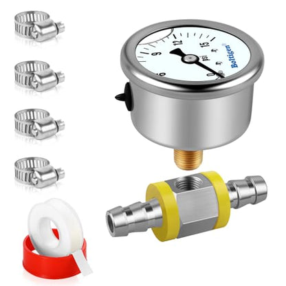 Boltigen Fuel Pressure Gauge, 1/8'' NPT Inline Fuel Pressure Guage Kit with 3/8'' Barb, Stainless Steel, 0-15Psi Glycerin Filled, Center Back Mount (White) - color: White