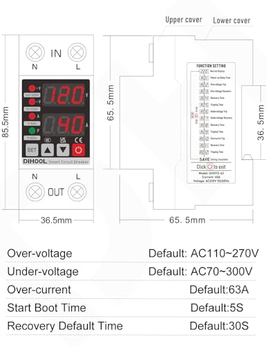 DIHOOL Adjustable Voltage Protector 110V 220V, Low/High Voltage Cutoff and Overcurrent Protection, 70-200V Undervoltage, 140-300V Overvoltage, 1-63A Smart Circuit Breaker AC Disconnect, DIN Rail Mount