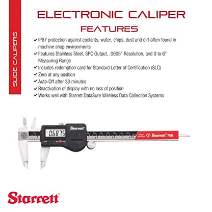 Starrett Stainless Steel IP67 Electronic Slide Caliper, 0-6" Range,