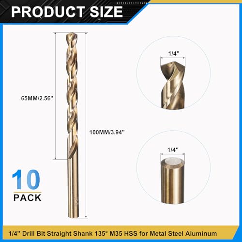 PATIKIL 1/4" Drill Bit M35 Cobalt 5% High-Speed Steel for Metal 10 Pack - size: 1/4 in