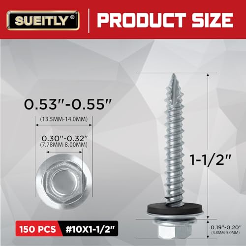 #10 x 1-1/2" Metal Roofing Screws with EPDM Washer, Hex Head Self Drilling Roof Screws, Zinc Plated, 150 Pack - size: #10 x 1-1/2"
