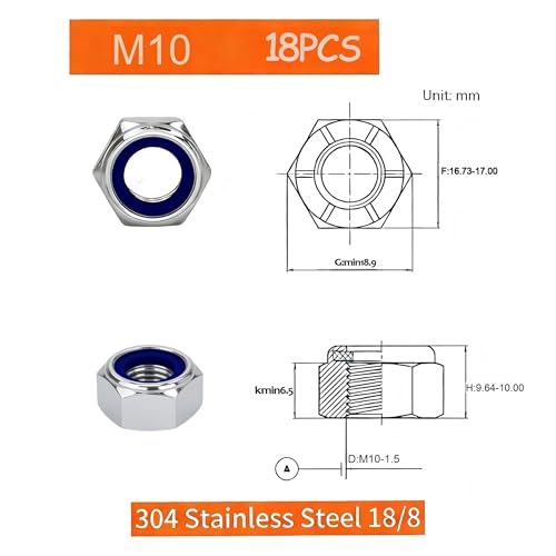 M10-1.5mm Locknuts, 18PCS 304 (A2-70) Stainless Steel Nylon Insert Lock Nuts,Standard Metric Thread Nylock Nuts - size: M10-1.5mm 18PCS