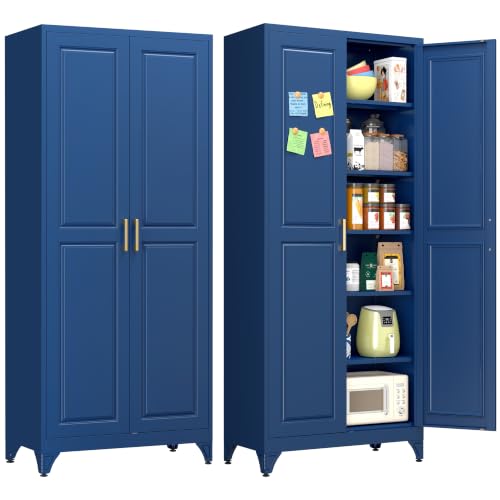 Polup 75" Pantry Cabinet, Tall Metal Storage Cabinet with Doors and Shelves - color: Blue, size: 75"H