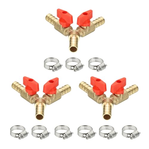 PATIKIL 3 Way Shut Off Ball Valve, 2/5" Y Shaped 3 Way Brass Garden Hose Barb Splitter Line Sprayer Parts Coolant Hose Valve Fitting with 2 Red Switch for Gas Fuel Oxygen, 3 Set - color: Red, size: 2/5"