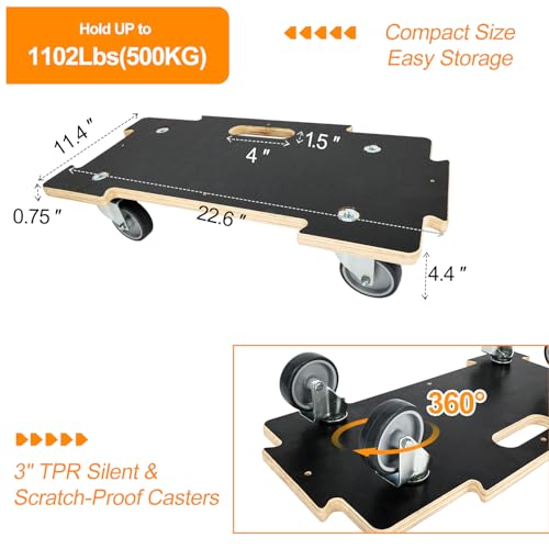 1100LB Heavy Duty Moving Dolly Cart - 2 Pack with 3" TPR Wheels- Spliceable - size: Spliceable(2 Pack)