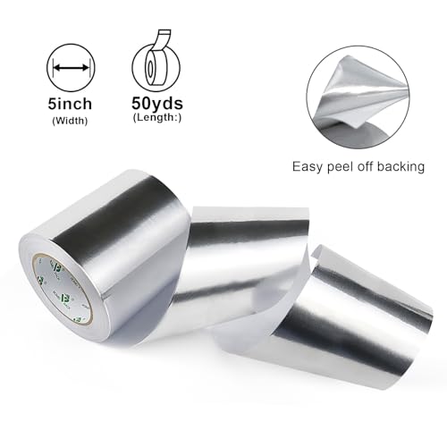 BOMEI PACK Aluminum Foil Duct Tape Heavy Duty Waterproof, 5 Inch x 50yds Premium Silver Metal HVAC Heat Tapes, High Temperature for Sealing & Patching,HVAC,Air Ducts,Insulation and Metal Repair - size: 125mm