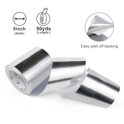 BOMEI PACK Aluminum Foil Duct Tape Heavy Duty Waterproof, 5 Inch x 50yds Premium Silver Metal HVAC Heat Tapes, High Temperature for Sealing & Patching,HVAC,Air Ducts,Insulation and Metal Repair - size: 125mm