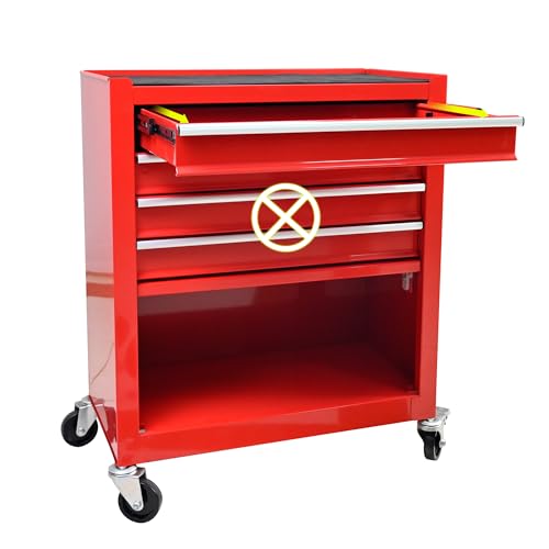 Red 4-Drawer Tool Cart w/Ball Bearing Drawers & Locking Casters - OSHA Industrial Rolling Cabinet, Powder-Coated Steel Garage Organizer w/Utility Tray - color: Red, size: 24.25 x 13 x 29.33