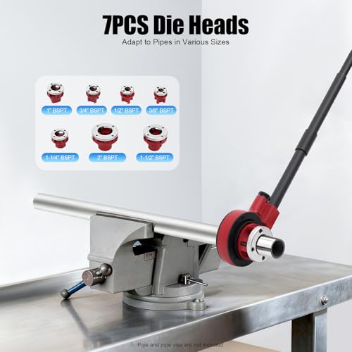 Ratchet Pipe Threader Kit, 7 Dies 3/8"-2" BSPT Carbon Steel Red Hand Tool