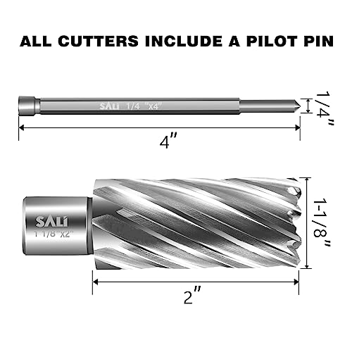 SALI Annular Cutter Diameter 1-1/8 Inch with Weldon Shank 3/4" (with 2 Flats) Cutting Depth 2" Mag Drill Bit for Magnetic Drill Press HSS Fully Ground Drill with One 1/4"*4" Pilot Pin - size: 1-1/8"*2"