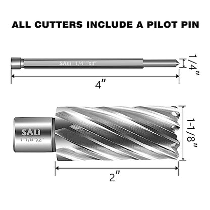 SALI 2 pcs Annular Cutter Diameter 1-1/8 Inch with Weldon Shank 3/4" (with 2 Flats) Cutting Depth 2" Mag Drill Bit for Magnetic Drill Press HSS Fully Ground Drill with One 1/4"*4" Pilot Pin - size: 1-1/8"*2"