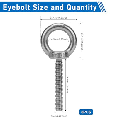 8 Pack M6 Eye Bolts, 1" Thread Stainless Steel with Nuts - size: M6*25