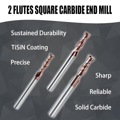 3/16" 2 Flute Carbide Square End Mill TiSiN Coated 5Pcs - size: 3/16 in