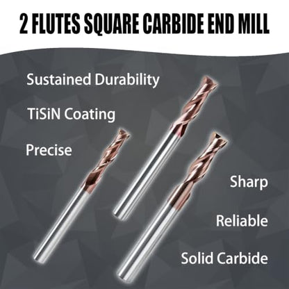 3/16" 2 Flute Carbide Square End Mill TiSiN Coated 5Pcs - size: 3/16 in