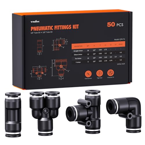 3/8" OD Push to Connect Fittings Kits –50PCS Air Line Connectors with Tee, Straight, Elbow, Splitters, Quick Connect Pneumatic Fittings, Push Lock Air Hose Fittings for Compressor, Air Tools & Tubing - color: 3/8" OD, size: Assorted kit(50pcs)