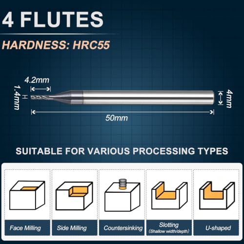 1.4mm Carbide End Mill, 4.2mm Cut L, 50mm L, 4mm Shank, Black - color: Black, size: 1.4mm Dia,4.2mm CL,50mm L,4mm Shank