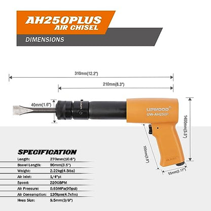 UW-AH250P Long Barrel Air Hammer Kit with Quick Change Retainer and 4 Chisels, 3-5/8 Inch Stroke, 2200 BPM, Light weight (AH250P - Long Barrel) - style: UW-AH250P Long Barrel