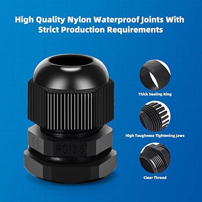 Cable Gland 20 Pack Plastic Waterproof Adjustable Connector 6-12mm PG13.5 Strain Relief Cord Connectors Joints Nylon with Gaskets - size: PG13.5(20-pack)