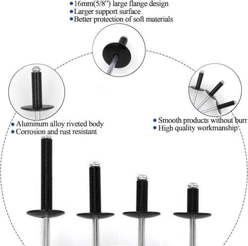 80pcs Black Large flange blind rivets, Aluminum,Flange Diameter 5/8" (16 mm),Pop Rivets Assortment Kit Blind Rivet,3/16" x 1" Inch,grip range(15-20mm) - color: Black, size: 4.8 x 25mm-80Pcs