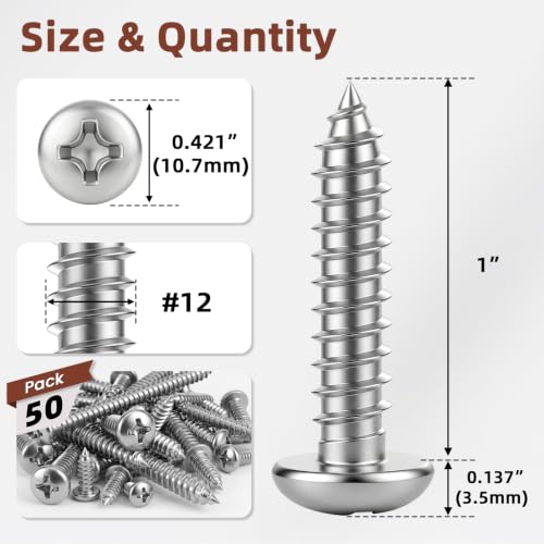Mellewell #12 x 1 Pan Head Self Tapping Screw, Pan Head Sheet Metal Screws Wood Screws, Stainless Steel 304 (18-8), 50 Pack - color: Silver, size: #12 x 1"