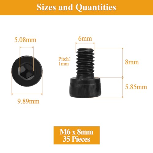 35 Pieces M6 x 8mm Socket Head Cap Screws, Thread Pitch 1.0mm, Sutemribor M6 Black Screws, 12.9 Grade Alloy Steel, Black Oxide Finish, Fully Threaded - size: M6 x 8mm, style: Socket Head