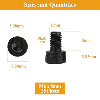 35 Pieces M6 x 8mm Socket Head Cap Screws, Thread Pitch 1.0mm, Sutemribor M6 Black Screws, 12.9 Grade Alloy Steel, Black Oxide Finish, Fully Threaded - size: M6 x 8mm, style: Socket Head