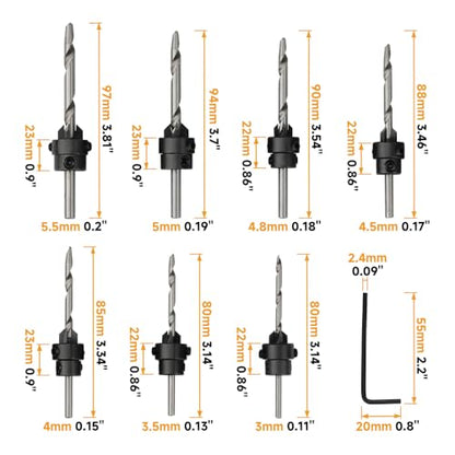 Hoteche 7-Piece Countersink Drill Bit Set, Carbon Steel with 7 Sizes (#5-#12), Hex Wrench, Wooden Box Packaging