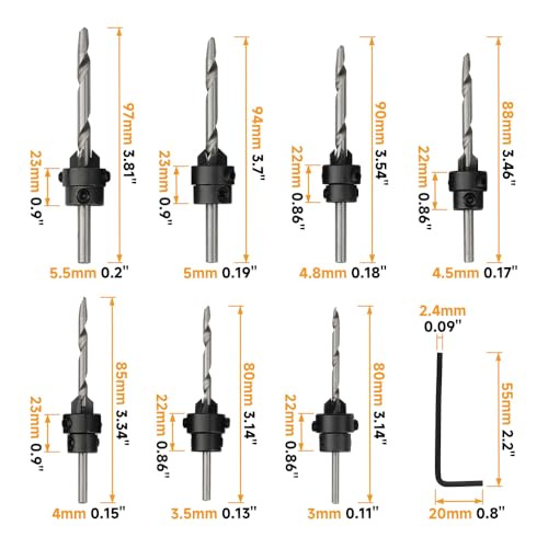 Hoteche 7-Piece Countersink Drill Bit Set, Carbon Steel with 7 Sizes (#5-#12), Hex Wrench, Wooden Box Packaging
